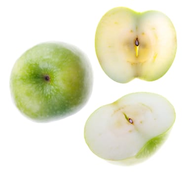 Green present apple.Whole and cut.Object on a white background