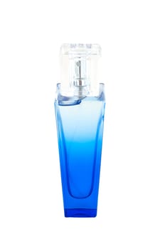 Perfume in deep blue scent-bottle on isolated background.