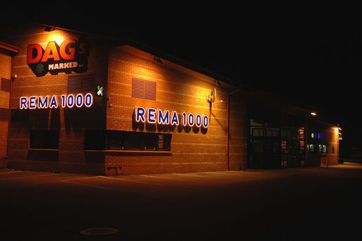 Rema 1000. Norwegian shop. Nightshoot.
øya, Larvik, Norway - 2006.