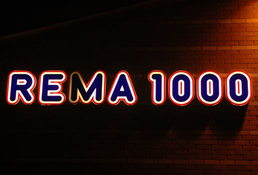 Rema 1000. Norwegian shop. Nightshoot.
øya, Larvik, Norway - 2006.