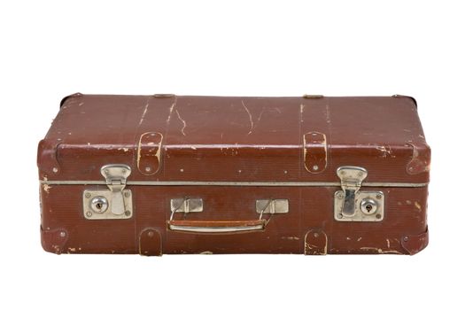The old dirty, scratched suitcase on a white background
