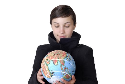 pretty young woman holding the world in her hand