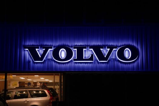 Volvo sign. Norwegian shop. Nightshoot.
�ya, Larvik, Norway - 2006.