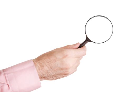 hand of man with loupe isolated on white background