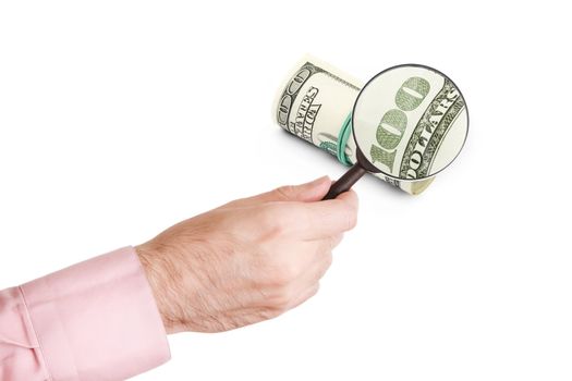 hand of man with loupe isolated on white background and money (made from my images)
