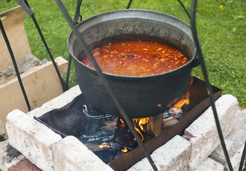 Cooking of soup in the pot on fire