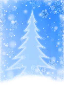 christmas tree over blue background with white snowflakes