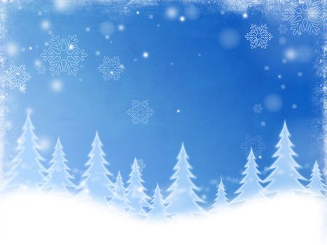 christmas trees over blue background with white snowflakes