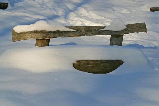 Wooden bench covered with snow