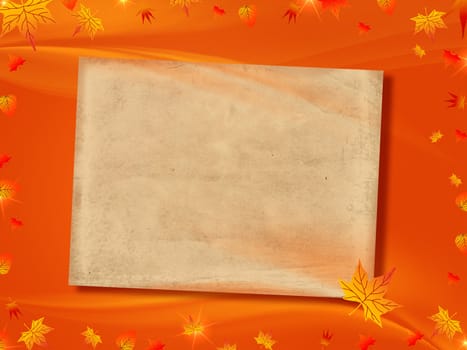 orange background with autumn leaves and old paper