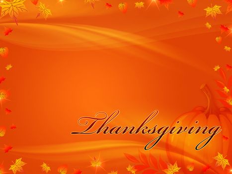 orange background with frame of autumn leaves with text Thanksgiving