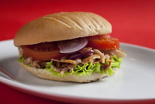Traditional turkish doner kebab in bread served on white plate