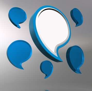 3D reflective dialogue bubbles on grey background.