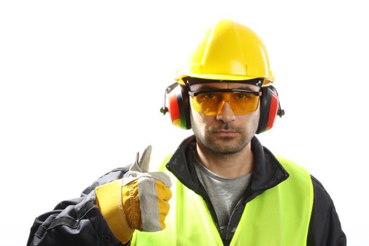 Worker with protective gear with thumbs up 