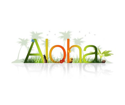 High Resolution graphic of the word Aloha with tropical elements.