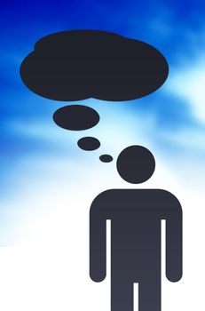 A man with several chat speech bubbles on cloud background.
