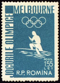ROMANIA - CIRCA 1956: A post stamp printed in Romania shows canoe rowing, devoted to Olympic games in Melbourne, series, circa 1956