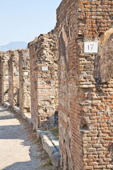 Detail of Pompeii site. The city of was destroyed and completely buried during a long catastrophic eruption of the volcano Mount Vesuvius