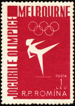 ROMANIA - CIRCA 1956: A post stamp printed in Romania shows gymnastics, devoted to Olympic games in Melbourne, series, circa 1956