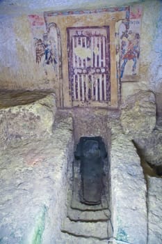 Tarquinia, Italy, around 470 B.C. Via a narrow corridor leading downstair one has access to the rectangular burial room with a sloping ceiling
