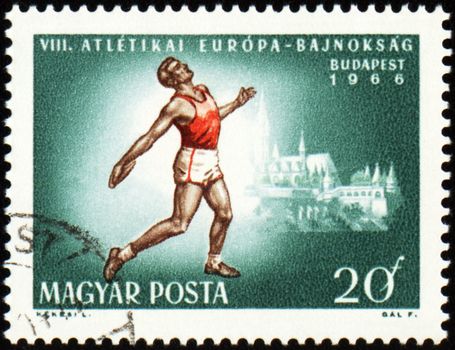 HUNGARY - CIRCA 1966: A stamp printed in Hungary shows running sportsman at finish, devoted to European Athletics League, circa 1966