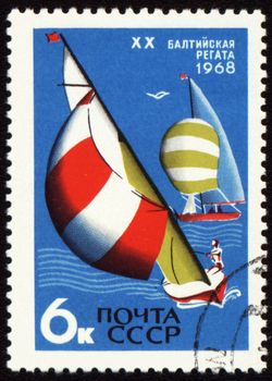 USSR - CIRCA 1968: A stamp printed in USSR shows yacht, devoted to Baltic regatta, circa 1968