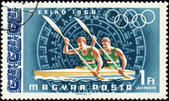 HUNGARY - CIRCA 1968: A post stamp printed in Hungary shows rowing, devoted to Olympic games in Mexico, series, circa 1968