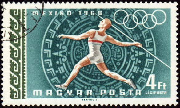 HUNGARY - CIRCA 1968: A post stamp printed in Hungary shows javelin throwin, devoted to Olympic games in Mexico, series, circa 1968