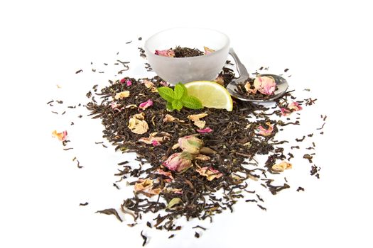 Healthy herbal tea with rose petals,isolated on white backgroud
