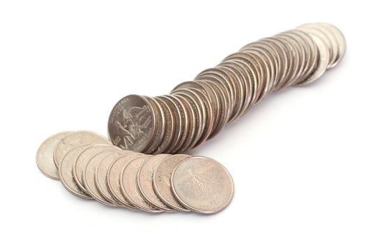 A pile of US Coins shot on a white background