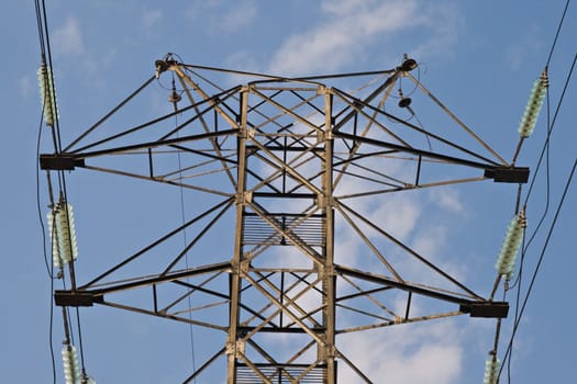A power transmission pole, view from below