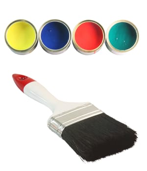 four color cans and a big paint brush totaly isolated on white background hardware tools
