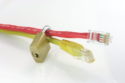 computer and connections safe data transfer concept with two ethenet cables red and yellow and a locked padlock isolated on white with reflection