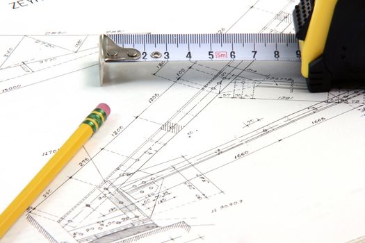 construction designs with pencil and meter tape architecture and building industry