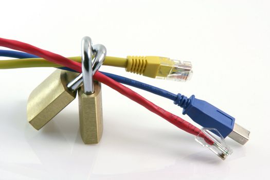network computer connections safe data transfer concept with two ethenet cables red and yellow and usb blue and two locked padlocks isolated on white background