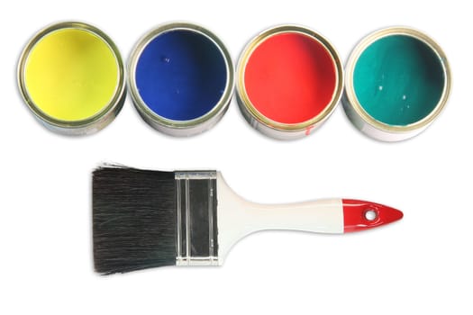 white  paint brush and four open paint cans on white background