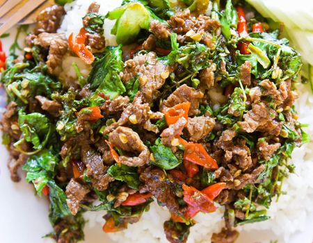 Asian beef stir-fry on rice ,Thai style cuisine