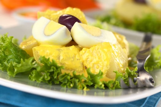 Peruvian appetizer called Papa a la Huancaina made of cooked potatoes, Huancaina sauce, boiled eggs and olives (Selective Focus, Focus on the front of the potatoes and the eggs)