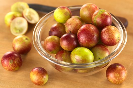 Camu camu berry fruits (lat. Myrciaria dubia) which are grown in the Amazon region and have a very high Vitamin C content (Selective Focus, Focus on the berries in the middle of the bowl)