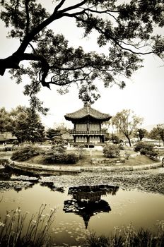 A chinese pagoda in a beautiful park in the city of Seoul, Korea