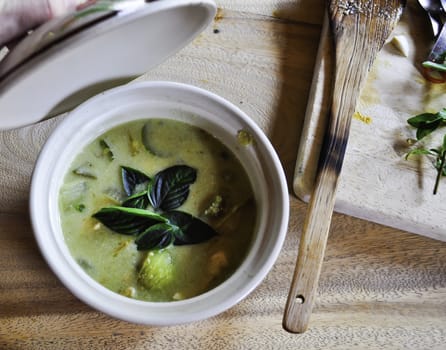 A small spicey green curry dish cooked at a cooking school in Thailand