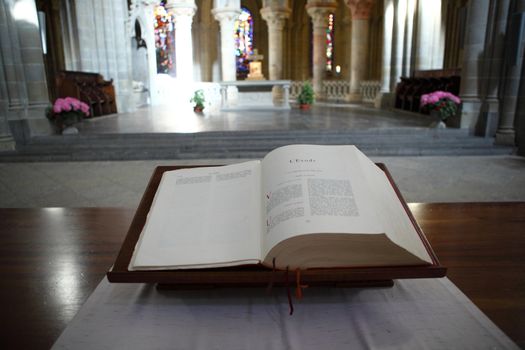 bible in church interior close up