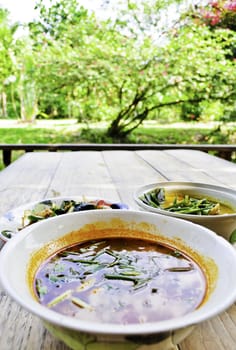 A bowl tom yum soup in a garden picnic area