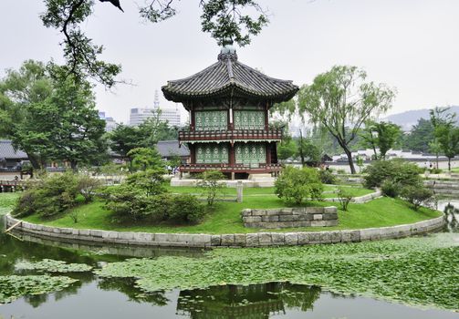 A chinese style pagoda in a buddhist garden in Seoul, Korea