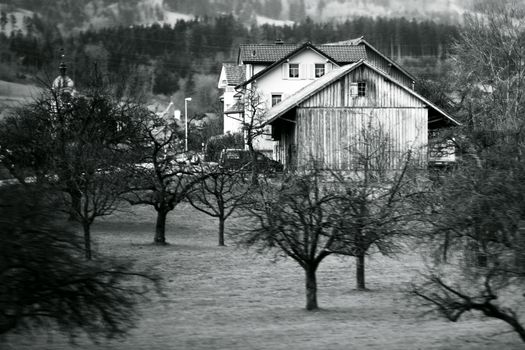 village house close up on field