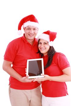 Couple enjoying their new touchpad on christmas