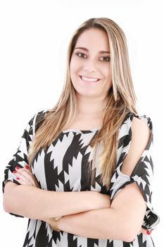 Young smiling happy woman portrait on white.