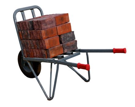 Wheelbarrow with bricks, isolated against background