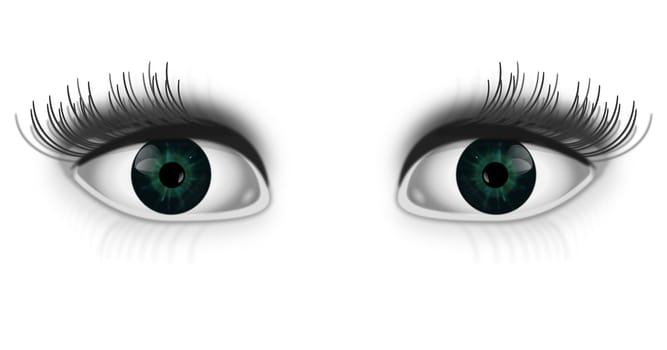 Illustration depicting a pair of green human eyes with white background.