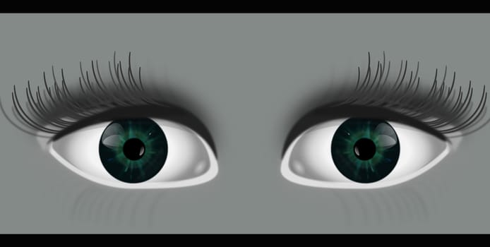 Illustration depicting two eyes peering out from grey background with black strip top and bottom of image.